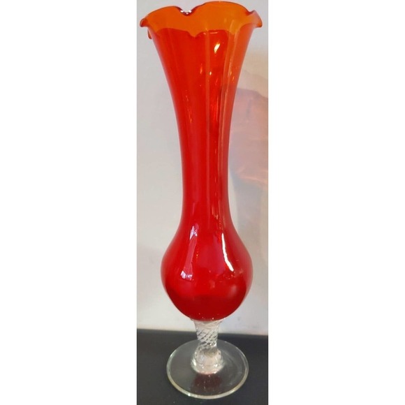 Vintage Small Orange Art Glass Vase Ruffled Glass Clear Stemmed Base 8 inch - Picture 5 of 5